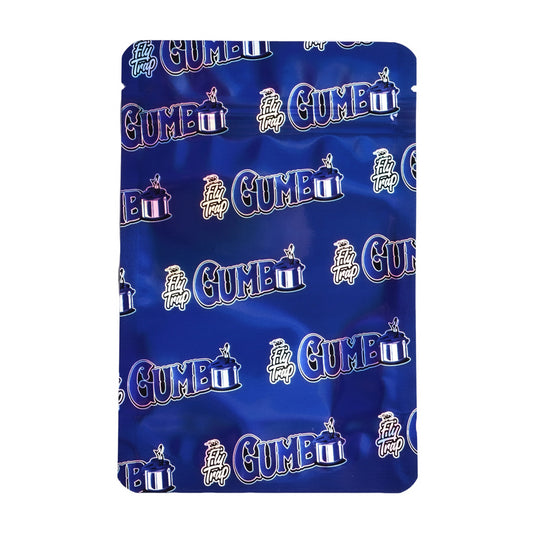 Mylar bag 7g, herb Mylar Bags, Where to buy mylar bags, Custom mylar bags near me, Mylar Bags Wholesale. Blue satin fabric with 'Gumbo' logo pattern on a white background