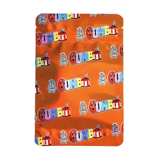 Mylar bag 7g, herb Mylar Bags, Where to buy mylar bags, Custom mylar bags near me, Mylar Bags Wholesale. Orange packaging with 'Gumbo' branding on a white background