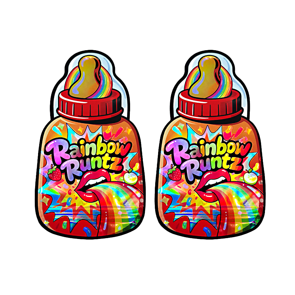 Baby Bottle Mylar bag 3.5g, herb Mylar Bags, Where to buy mylar bags, Custom mylar bags near me, Mylar Bags Wholesale. Two colorful bottles of Rainbow Runtz on a white background