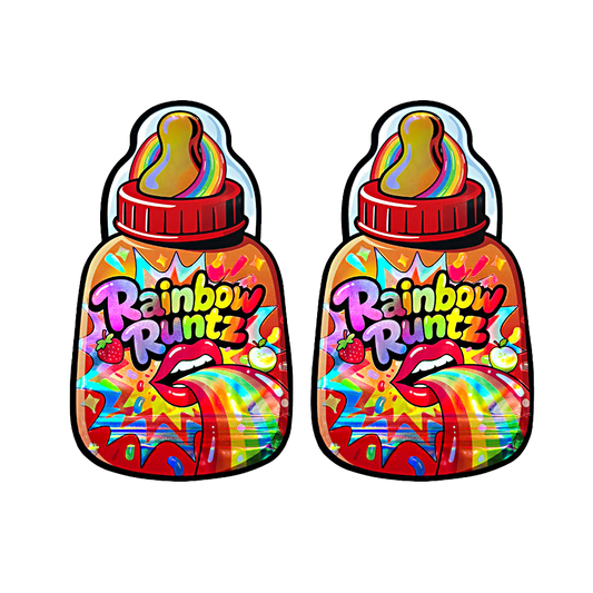 Baby Bottle Mylar bag 3.5g, herb Mylar Bags, Where to buy mylar bags, Custom mylar bags near me, Mylar Bags Wholesale. Two colorful bottles of Rainbow Runtz on a white background