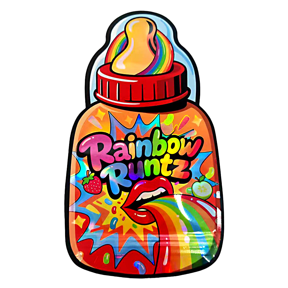 Baby Bottle Mylar bag 3.5g, herb Mylar Bags, Where to buy mylar bags, Custom mylar bags near me, Mylar Bags Wholesale. Colorful bottle-shaped container with 'Rainbow Runtz' text on a white background