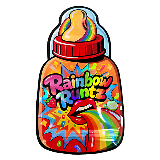 Baby Bottle Mylar bag 3.5g, herb Mylar Bags, Where to buy mylar bags, Custom mylar bags near me, Mylar Bags Wholesale. Colorful bottle-shaped container with 'Rainbow Runtz' text on a white background