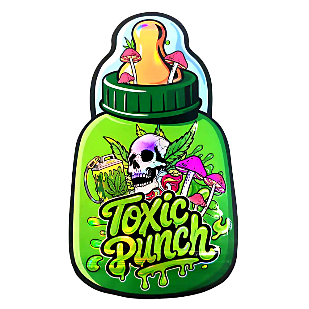 Baby Bottle Mylar bag 3.5g, herb Mylar Bags, Where to buy mylar bags, Custom mylar bags near me, Mylar Bags Wholesale. 3.5g Designer Toxic Punch Shaped Mylar Bag
