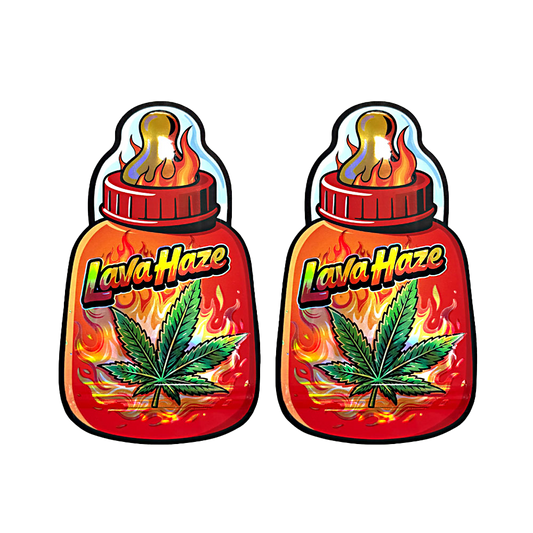 Baby Bottle Mylar bag 3.5g, herb Mylar Bags, Where to buy mylar bags, Custom mylar bags near me, Mylar Bags Wholesale. Two 'Lava Haze' vape juice bottles with flames and a herb leaf on a white background.