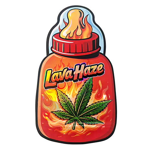 Baby Bottle Mylar bag 3.5g, herb Mylar Bags, Where to buy mylar bags, Custom mylar bags near me, Mylar Bags Wholesale. Lava Haze product packaging with flames and a herb leaf on a white background