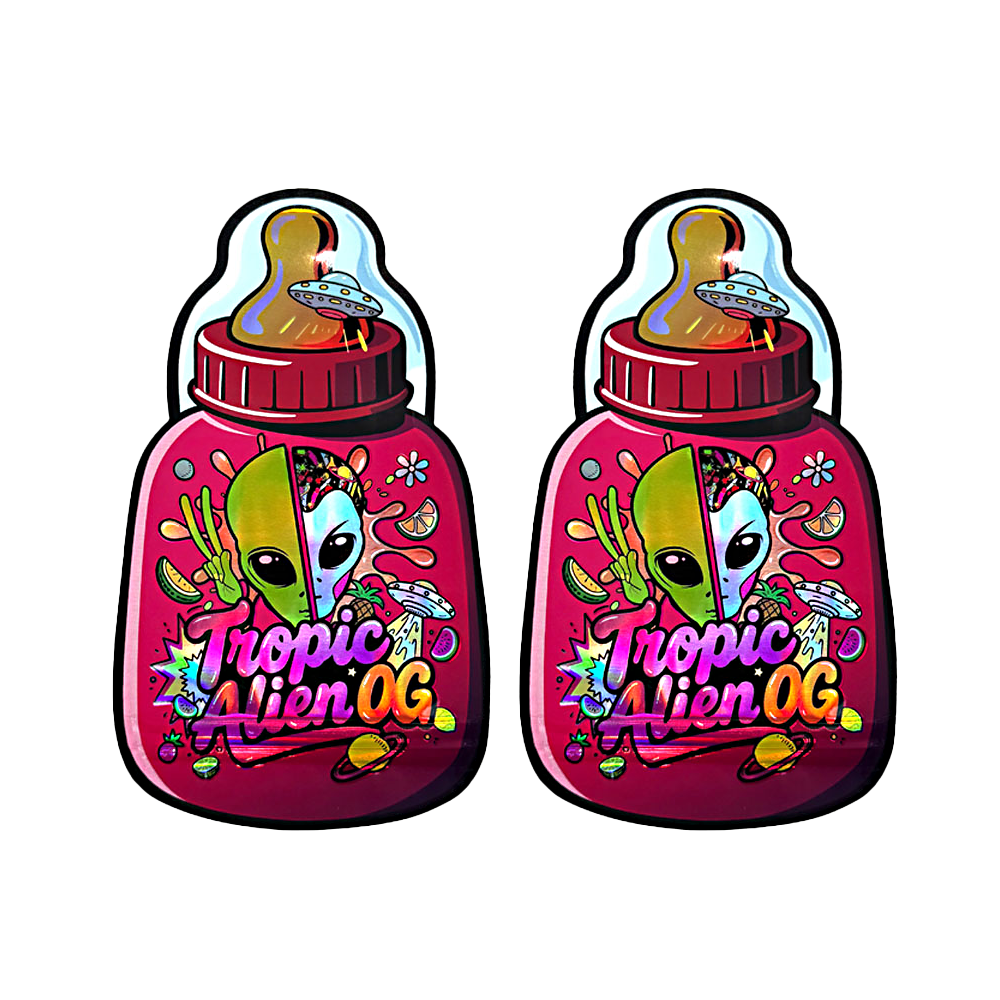 Baby Bottle Mylar bag 3.5g, herb Mylar Bags, Where to buy mylar bags, Custom mylar bags near me, Mylar Bags Wholesale. Two colorful 'Tropic Alien OG' bottle-shaped containers on a white background