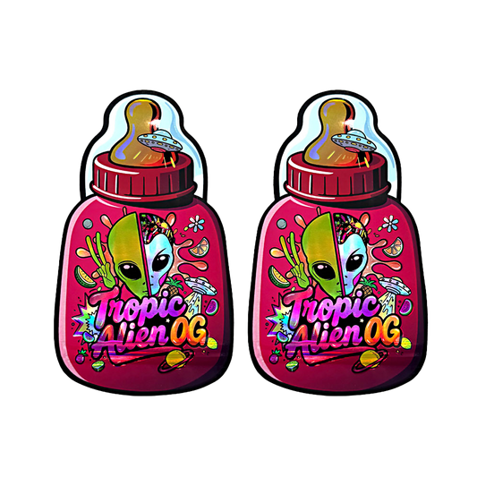 Baby Bottle Mylar bag 3.5g, herb Mylar Bags, Where to buy mylar bags, Custom mylar bags near me, Mylar Bags Wholesale. Two colorful 'Tropic Alien OG' bottle-shaped containers on a white background