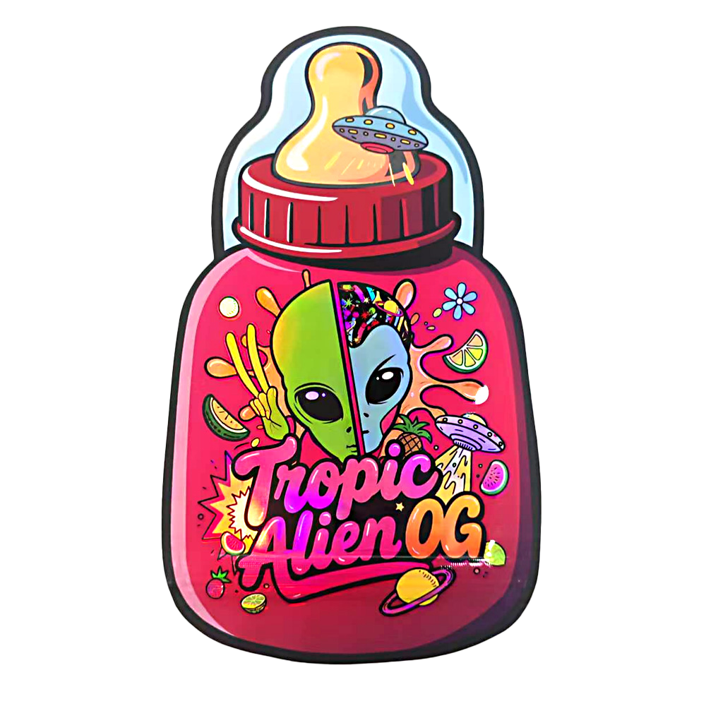 Baby Bottle Mylar bag 3.5g, herb Mylar Bags, Where to buy mylar bags, Custom mylar bags near me, Mylar Bags Wholesale. Colorful bottle-shaped container with alien design and 'Tropic Alien OG' text on a white background