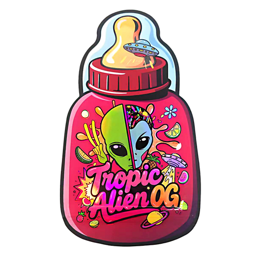 Baby Bottle Mylar bag 3.5g, herb Mylar Bags, Where to buy mylar bags, Custom mylar bags near me, Mylar Bags Wholesale. Colorful bottle-shaped container with alien design and 'Tropic Alien OG' text on a white background