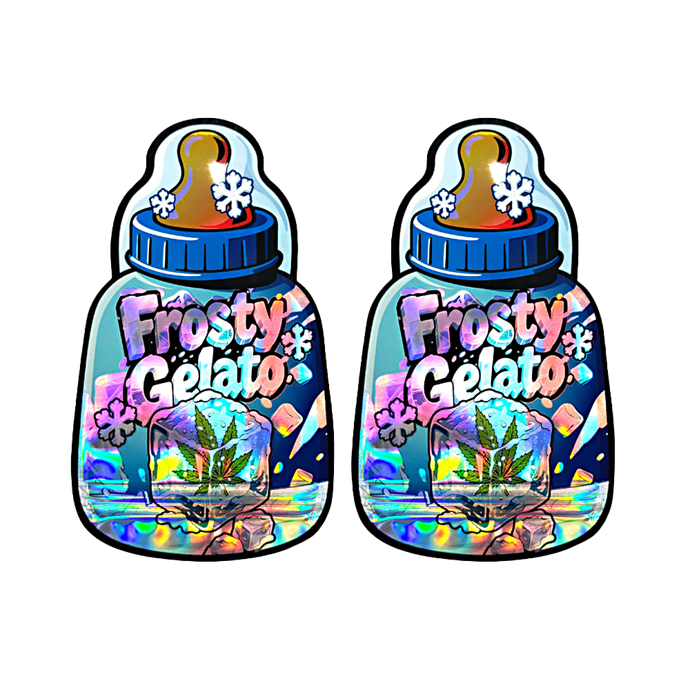 Baby Bottle Mylar bag 3.5g, herb Mylar Bags, Where to buy mylar bags, Custom mylar bags near me, Mylar Bags Wholesale. Two holographic stickers of a baby bottle labeled 'Frosty Gelato' with a herb leaf design.