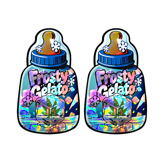 Baby Bottle Mylar bag 3.5g, herb Mylar Bags, Where to buy mylar bags, Custom mylar bags near me, Mylar Bags Wholesale. Two holographic stickers of a baby bottle labeled 'Frosty Gelato' with a herb leaf design.