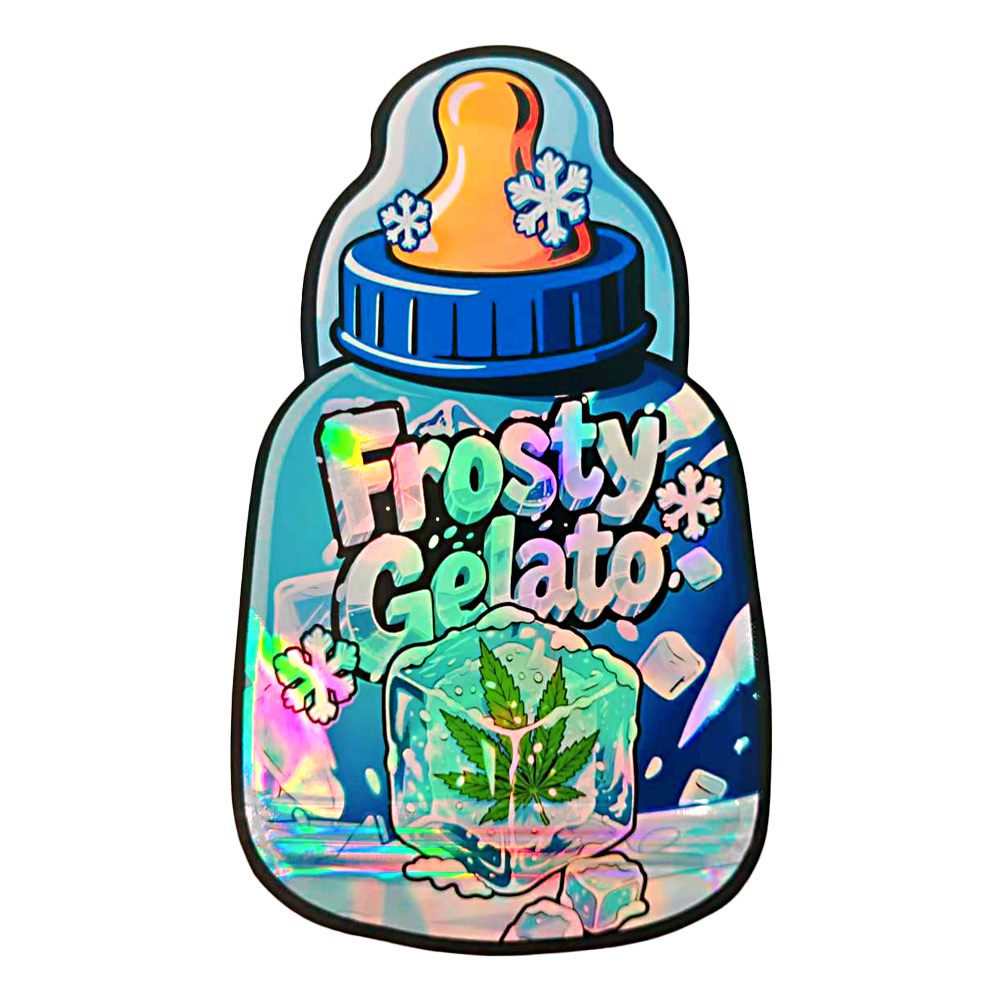 Baby Bottle Mylar bag 3.5g, herb Mylar Bags, Where to buy mylar bags, Custom mylar bags near me, Mylar Bags Wholesale. Frosty Gelato ice cream container with a blue lid and colorful design on a white background