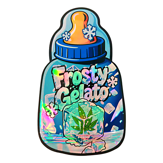 Baby Bottle Mylar bag 3.5g, herb Mylar Bags, Where to buy mylar bags, Custom mylar bags near me, Mylar Bags Wholesale. Frosty Gelato ice cream container with a blue lid and colorful design on a white background