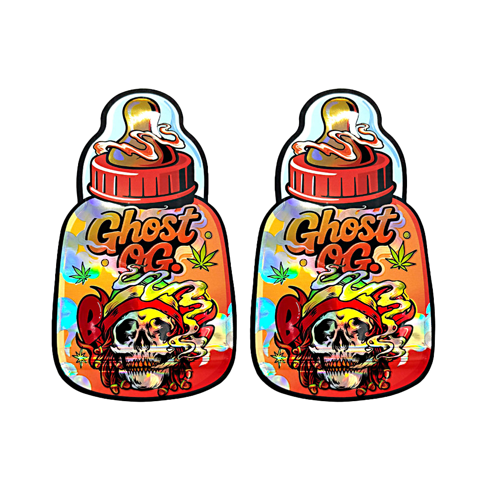 Baby Bottle Mylar bag 3.5g, herb Mylar Bags, Where to buy mylar bags, Custom mylar bags near me, Mylar Bags Wholesale. Two colorful 'Ghost OG' vape juice bottles with a skull design on a white background.