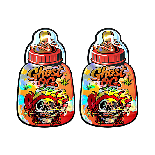 Baby Bottle Mylar bag 3.5g, herb Mylar Bags, Where to buy mylar bags, Custom mylar bags near me, Mylar Bags Wholesale. Two colorful 'Ghost OG' vape juice bottles with a skull design on a white background.