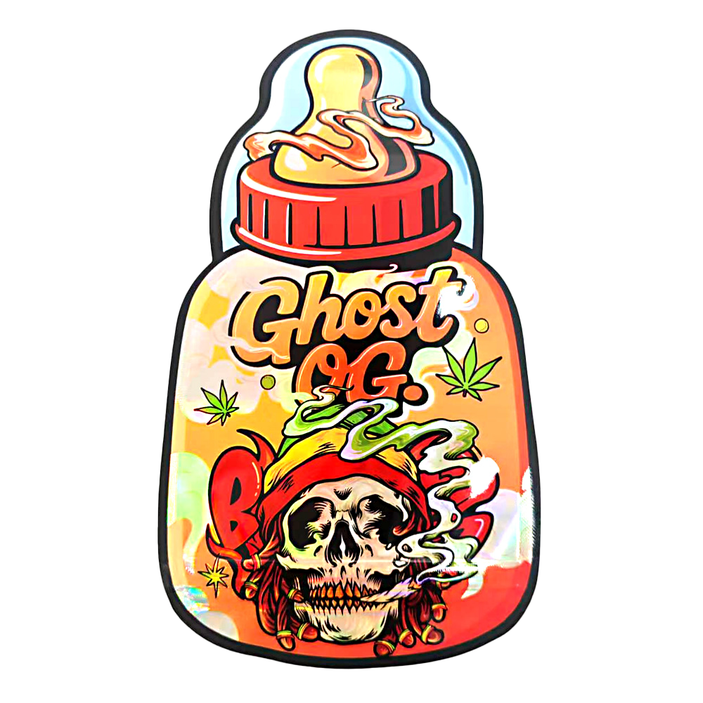 Baby Bottle Mylar bag 3.5g, herb Mylar Bags, Where to buy mylar bags, Custom mylar bags near me, Mylar Bags Wholesale. Colorful bottle-shaped logo with 'Ghost OG' text and skull design on a white background