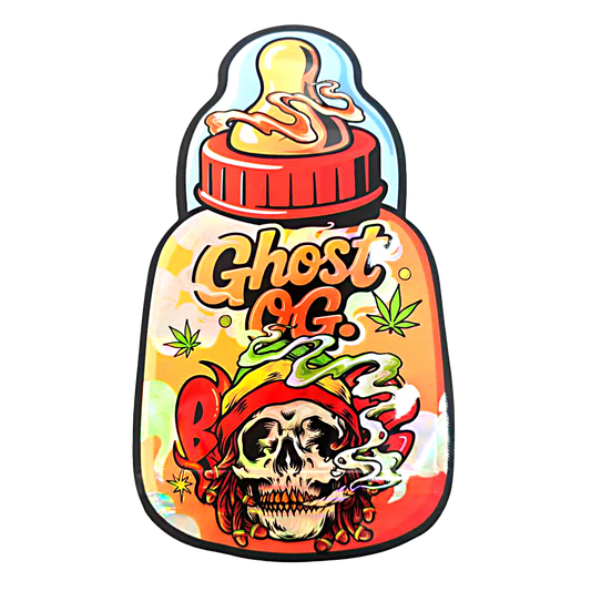 Baby Bottle Mylar bag 3.5g, herb Mylar Bags, Where to buy mylar bags, Custom mylar bags near me, Mylar Bags Wholesale. Colorful bottle-shaped logo with 'Ghost OG' text and skull design on a white background