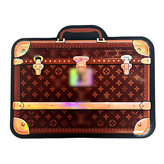 Suitcase Mylar bag 3.5g, herb Mylar Bags, Where to buy mylar bags, Custom mylar bags near me, Mylar Bags Wholesale. Brown suitcase with gold accents and a visible brand logo on a white background