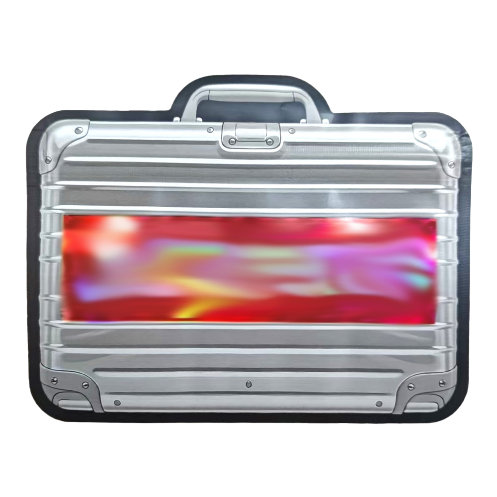 Mylar Bags Silver briefcase with colorful design on a white background