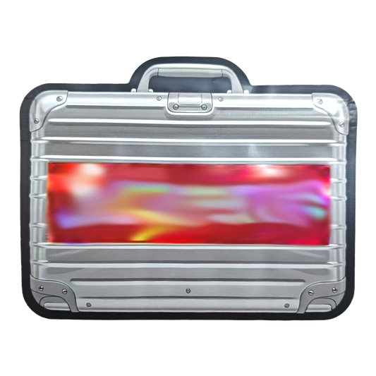 Mylar Bags Silver briefcase with colorful design on a white background