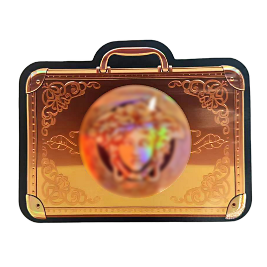 Mylar Bags  Decorative gold box with intricate designs on a white background