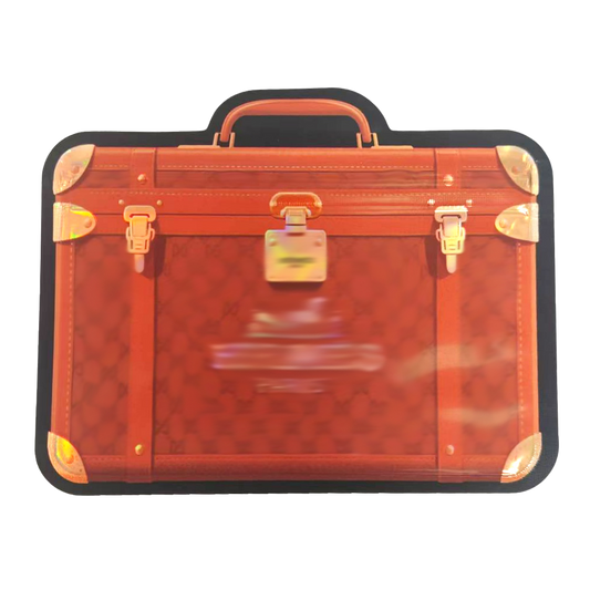 Mylar Bags Red suitcase with gold accents on a white background
