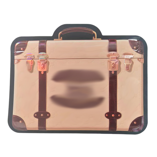 Mylar Bags  Beige suitcase with brown straps on a white background