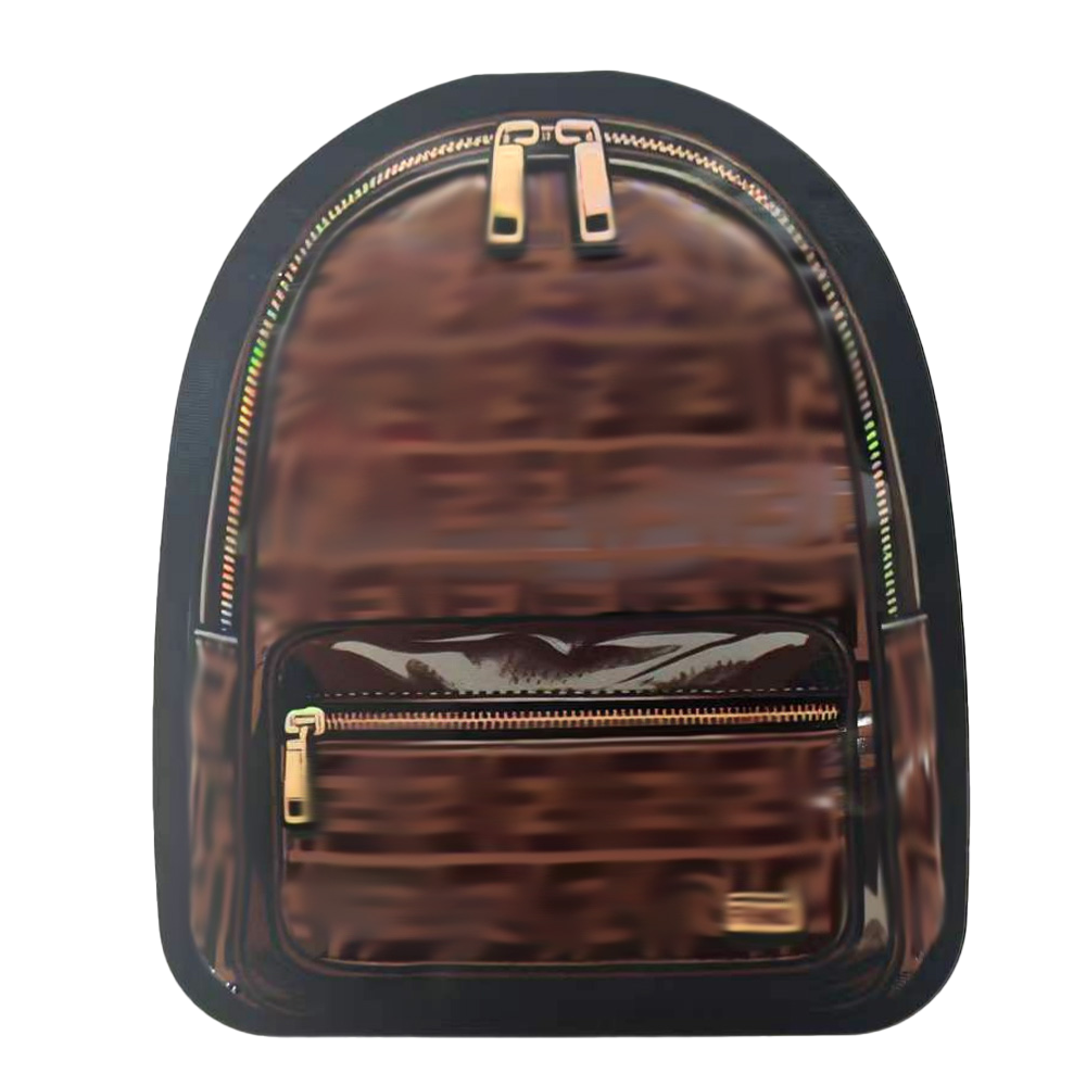 Mylar Bags Backpack with brown pattern and gold zippers on a white background