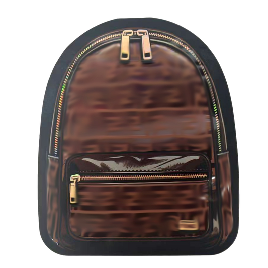 Mylar Bags Backpack with brown pattern and gold zippers on a white background