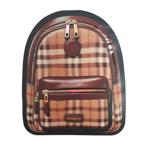 Mylar Bags Plaid backpack with brown accents on a white background