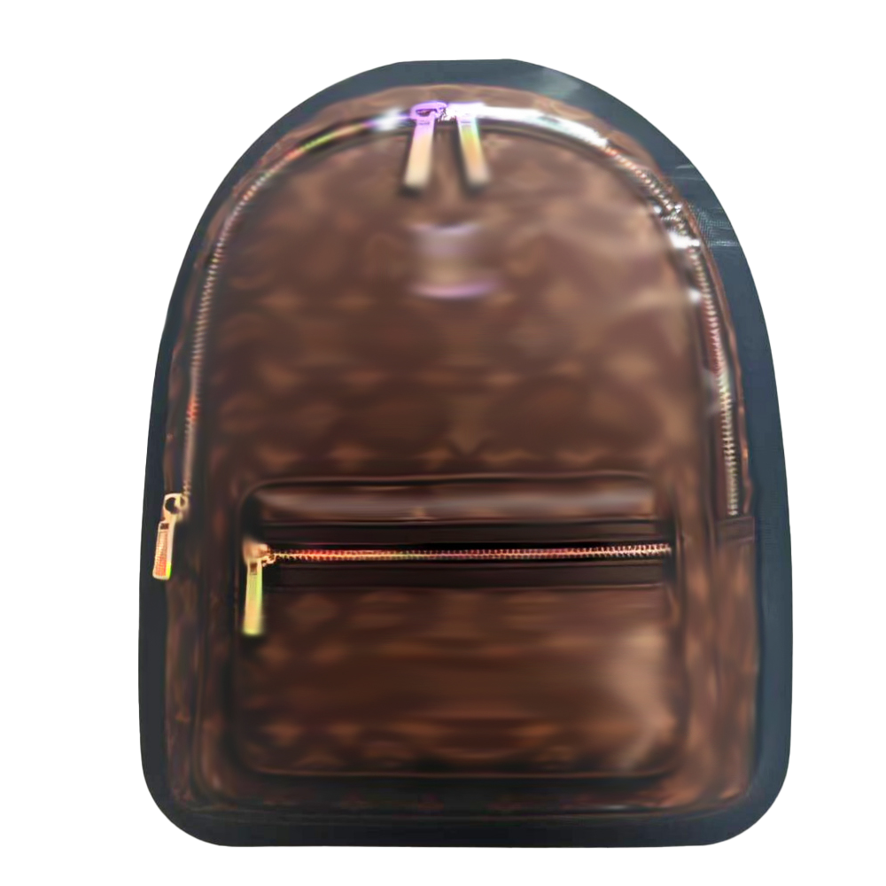 Mylar Bags  Brown backpack with gold zippers on a white background
