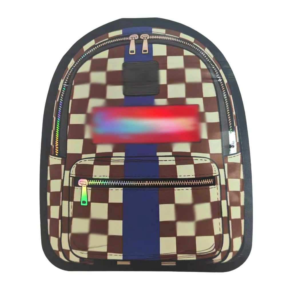 Checkered Mylar Bags backpack with colorful accents on a white background