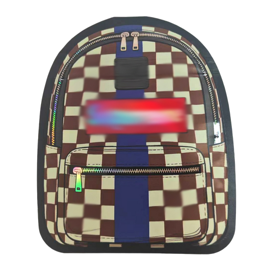 Checkered Mylar Bags backpack with colorful accents on a white background