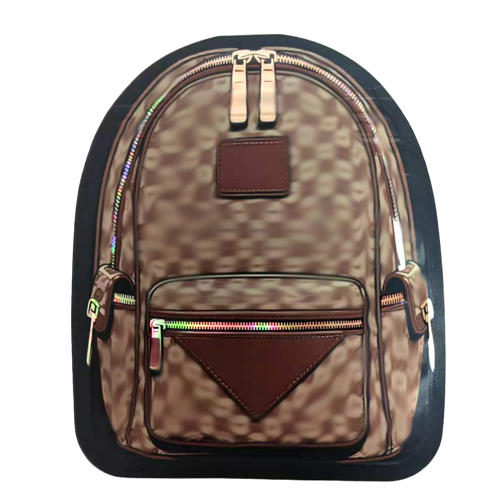 Mylar Bag Camouflage-patterned backpack with brown accents on a white background