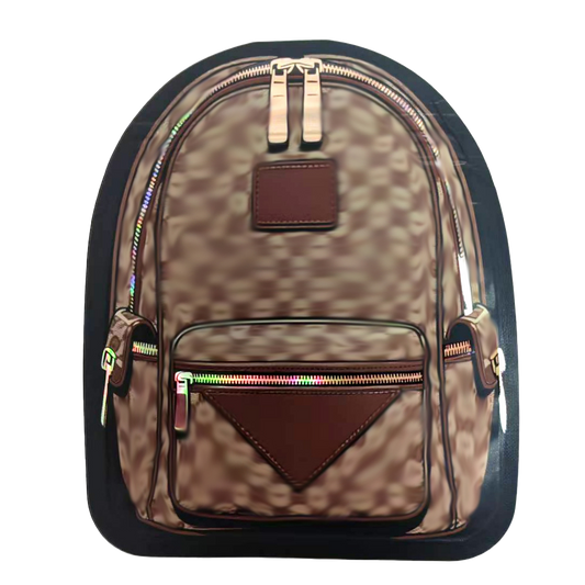 Mylar Bag Camouflage-patterned backpack with brown accents on a white background