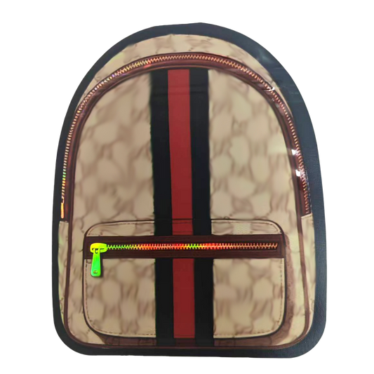 Mylar Bag Beige backpack with red and black stripes on a white background