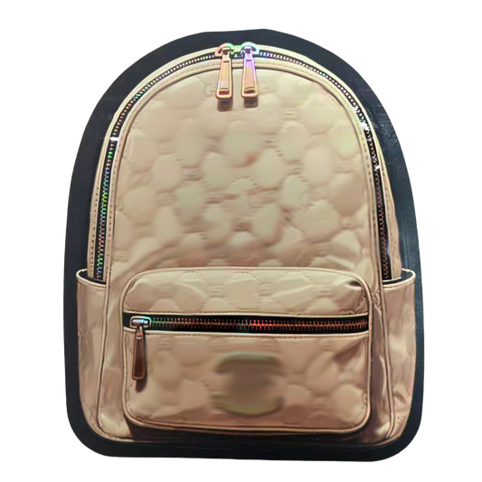 Mylar Bag Beige backpack with black trim on a white background