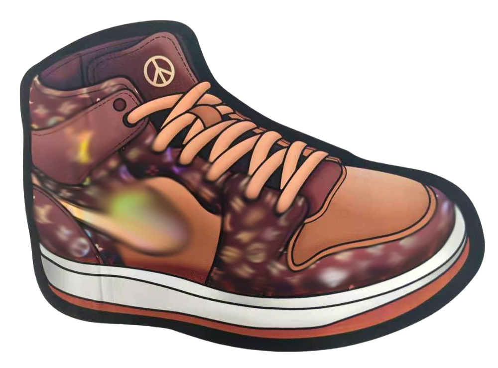 Mylar Bag Brown high-top sneaker with peace symbol on a white background