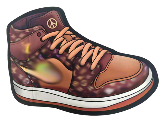 Mylar Bag Brown high-top sneaker with peace symbol on a white background