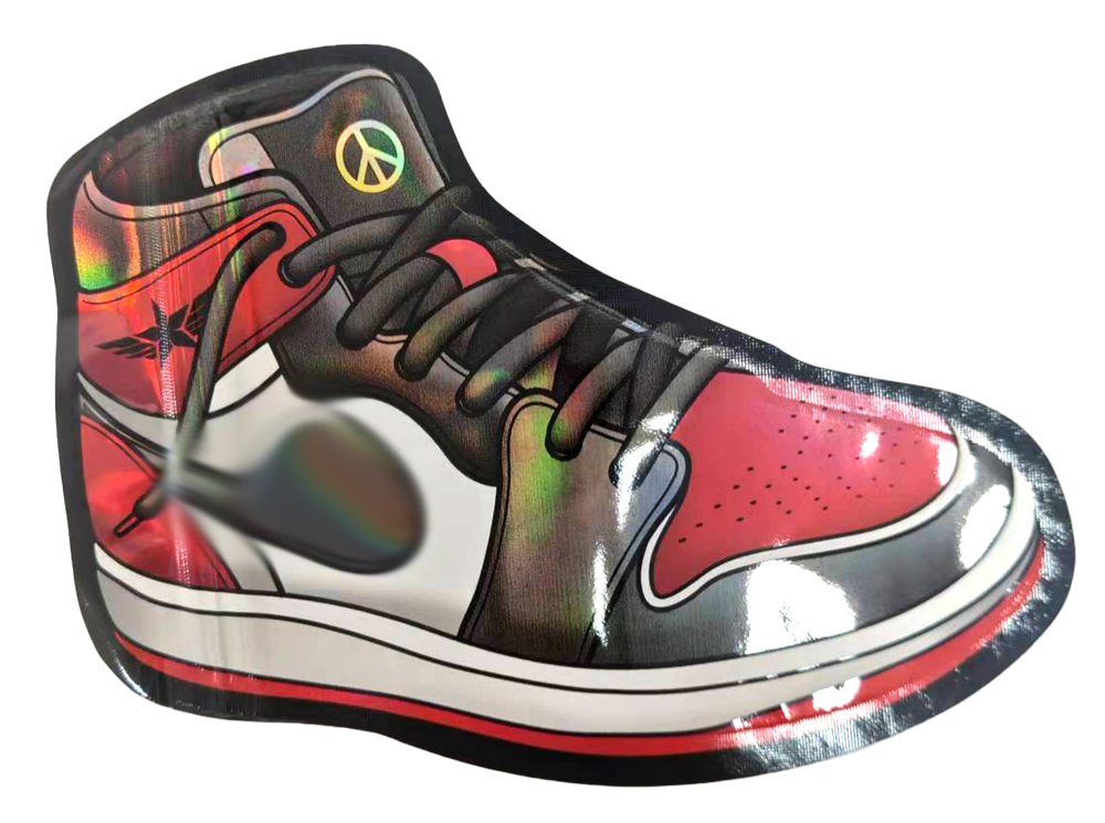 Mylar Bag Colorful sneaker-shaped pillow with peace symbol on a white background