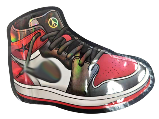 Mylar Bag Colorful sneaker-shaped pillow with peace symbol on a white background