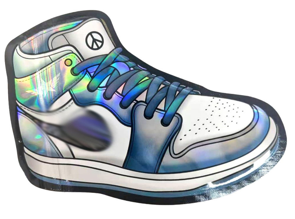 Mylar Bag  Holographic sneaker with peace symbol on a white background