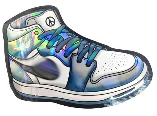 Mylar Bag  Holographic sneaker with peace symbol on a white background