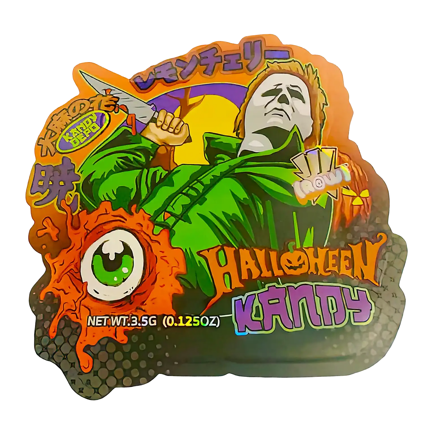 Halloween-themed candy package with a character holding a knife and green robe, surrounded by orange and purple text.