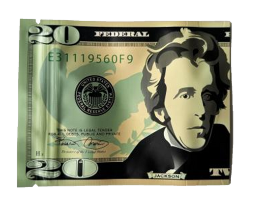 Money Mylar bag 3.5g, herb Mylar Bags, Where to buy mylar bags, Custom mylar bags near me, Mylar Bags Wholesale. Replica of a $20 bill with a stylized portrait on a white background