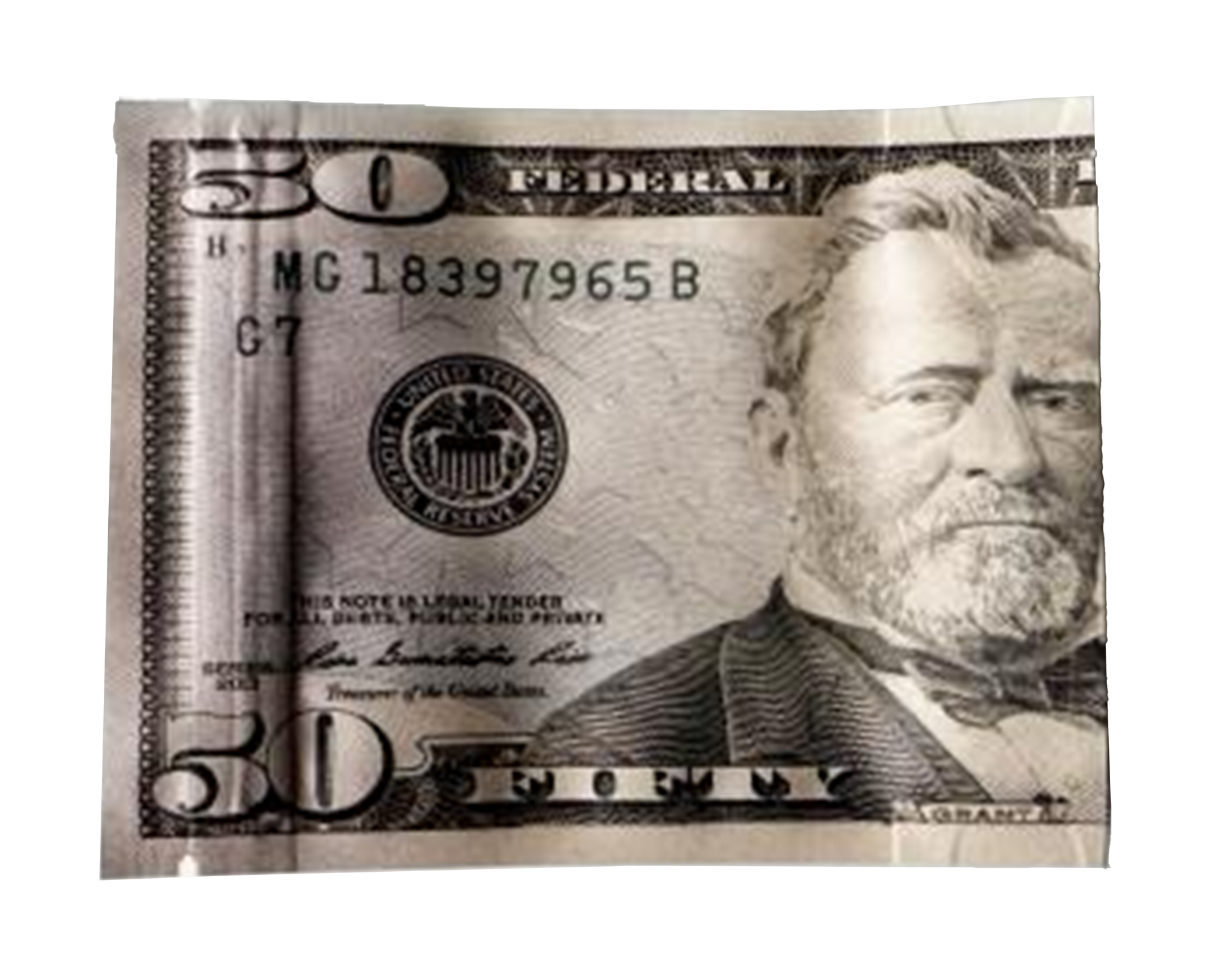 Money Mylar bag 3.5g, herb Mylar Bags, Where to buy mylar bags, Custom mylar bags near me, Mylar Bags Wholesale. Fifty-dollar bill with a portrait on a white background