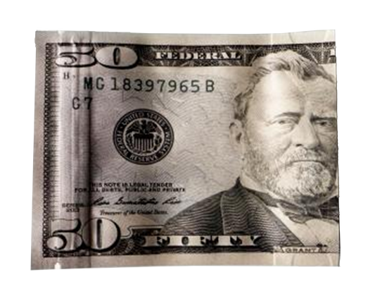 Money Mylar bag 3.5g, herb Mylar Bags, Where to buy mylar bags, Custom mylar bags near me, Mylar Bags Wholesale. Fifty-dollar bill with a portrait on a white background