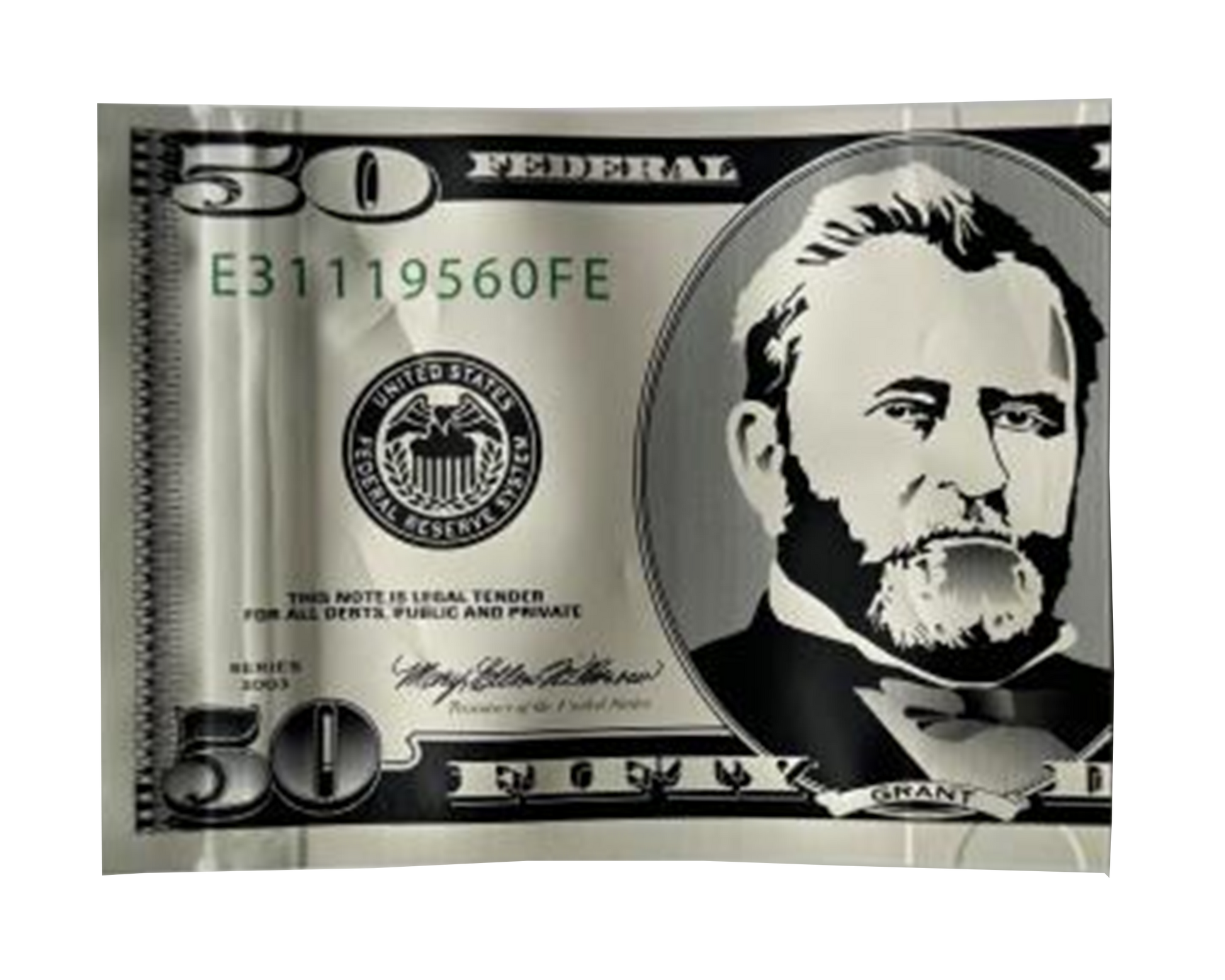 Money Mylar bag 3.5g, herb Mylar Bags, Where to buy mylar bags, Custom mylar bags near me, Mylar Bags Wholesale. Model of a $50 U.S. Federal Reserve note with a portrait on the right side.