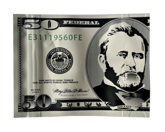 Money Mylar bag 3.5g, herb Mylar Bags, Where to buy mylar bags, Custom mylar bags near me, Mylar Bags Wholesale. Model of a $50 U.S. Federal Reserve note with a portrait on the right side.