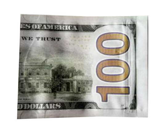 Money Mylar bag 3.5g, herb Mylar Bags, Where to buy mylar bags, Custom mylar bags near me, Mylar Bags Wholesale. Close-up of a $100 bill with a clear plastic bag over it